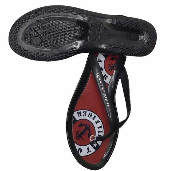 Tommy Hilfiger Black Red Nautical Flat Sandals Rubber Flip Flops  Women’s 7 - Picture 3 of 7